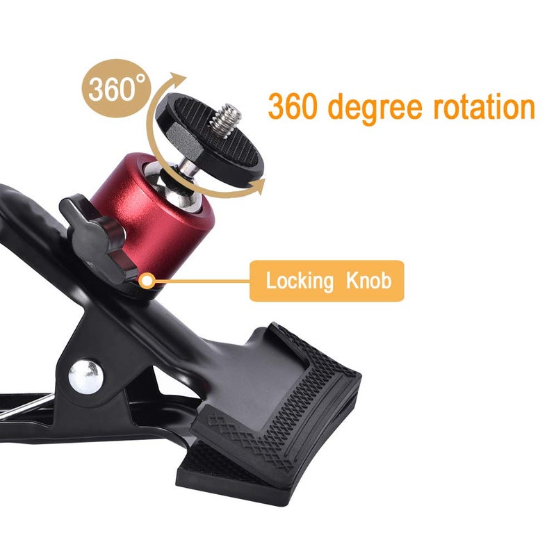 UTEBIT Tripod Camera Clip Clamp with 360 Degree Swivel Mini Ball Head 2 Pack Clip Camera Mount Photography Accessories 1/4'' Screw Black Spring Clamp for DSLR Video Photoshoot Studio - Image 4